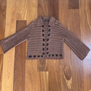 Nic+Zoe chocolate sweater with center & bottom ribbon trim.
